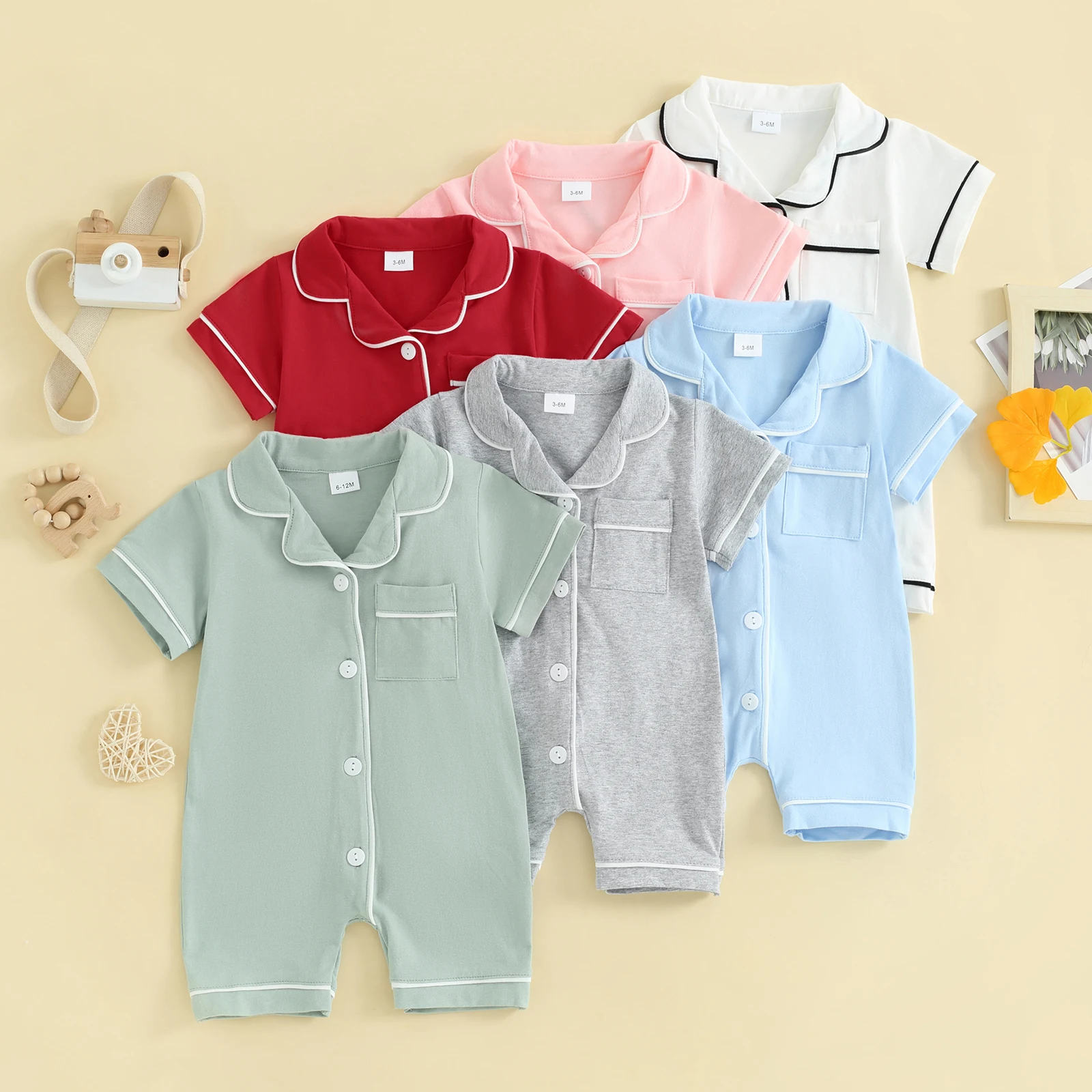 Infant Baby Clothing Boys Girls Robes Sleepwear Short Sleeve Lapel Neck Buttons down Romper Pajamas Outfit 1