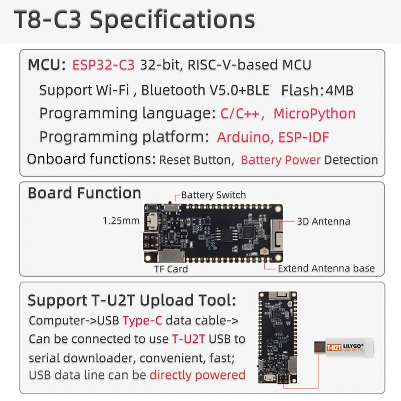 T8-C3 ESP32-C3   WiFi BT5.0   TF   4MB ÷ W 3D ׳ TF 