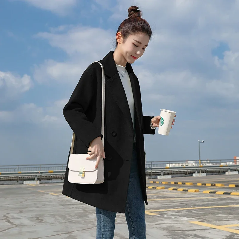 Ladies Long Sleeve Elegant Black Jacket Double Breasted Fashion Jacket Winter Casual Loose Warm Wool Blended Jacket Windbreaker