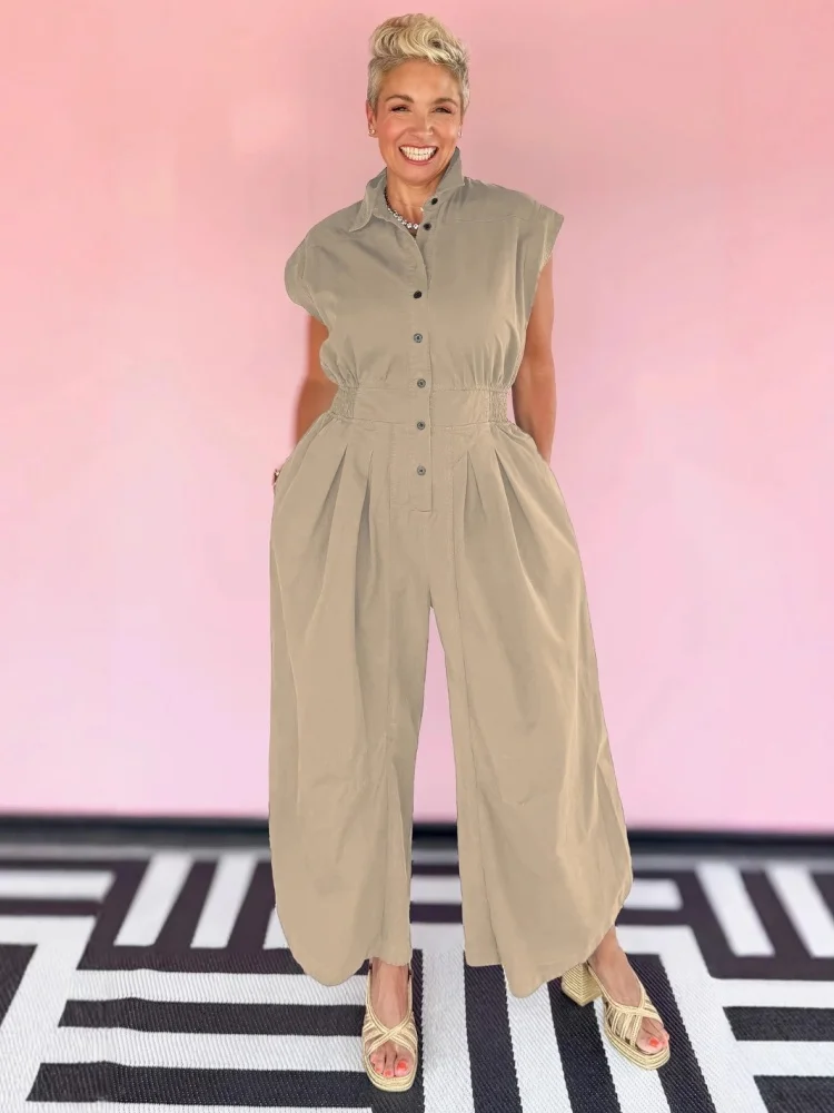 Wmstar Jumpsuit Women Wholesale Casual Sleeveless Button Down Cinched Waist Work Jumpsuit with Pockets Drop Shopping Summer