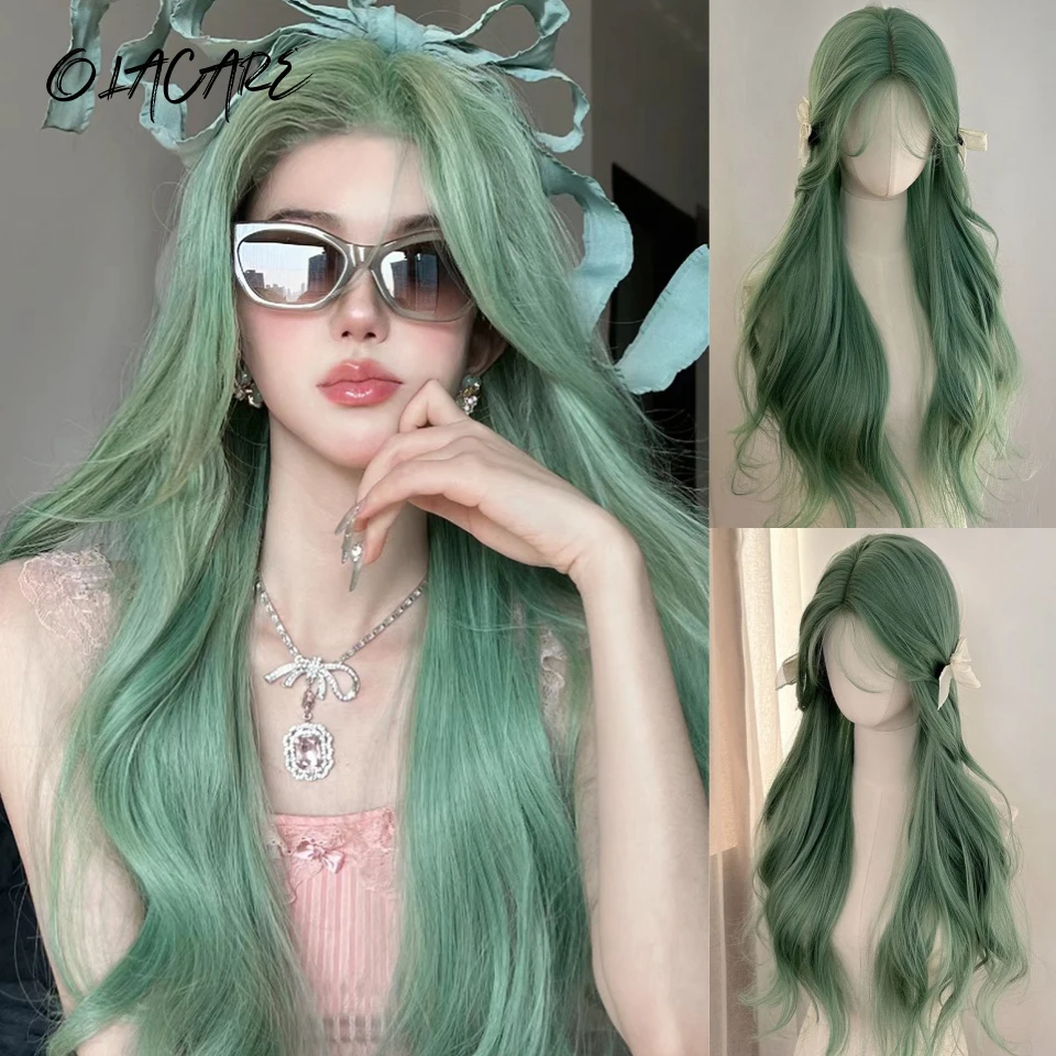 Green Synthetic Wavy Wig with Bangs for Women Daily Use