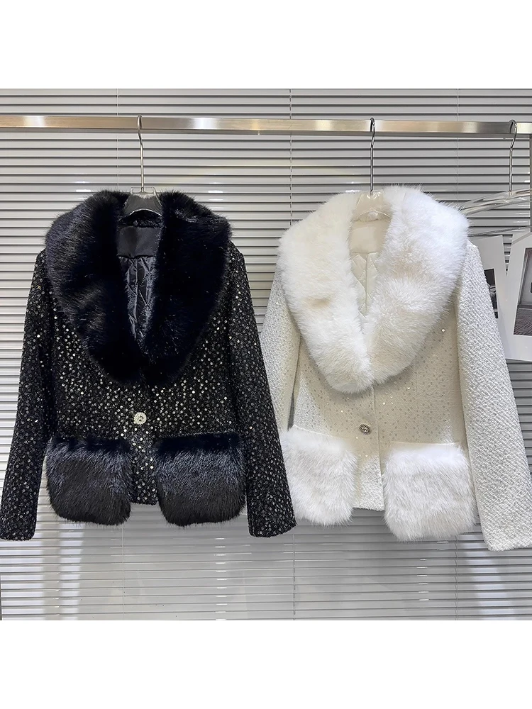 

HIGH STREET New Fashion 2024 Designer Women's Artificial Fur Collar Sequined Tweed Padded Jacket