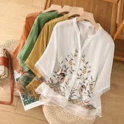 YCMYUNYAN-Vintage Embroidery Blouses for Women, Ladies Clothing, Loose, Short Sleeves, Cotton Linen Tops, Chinese Style, Summer