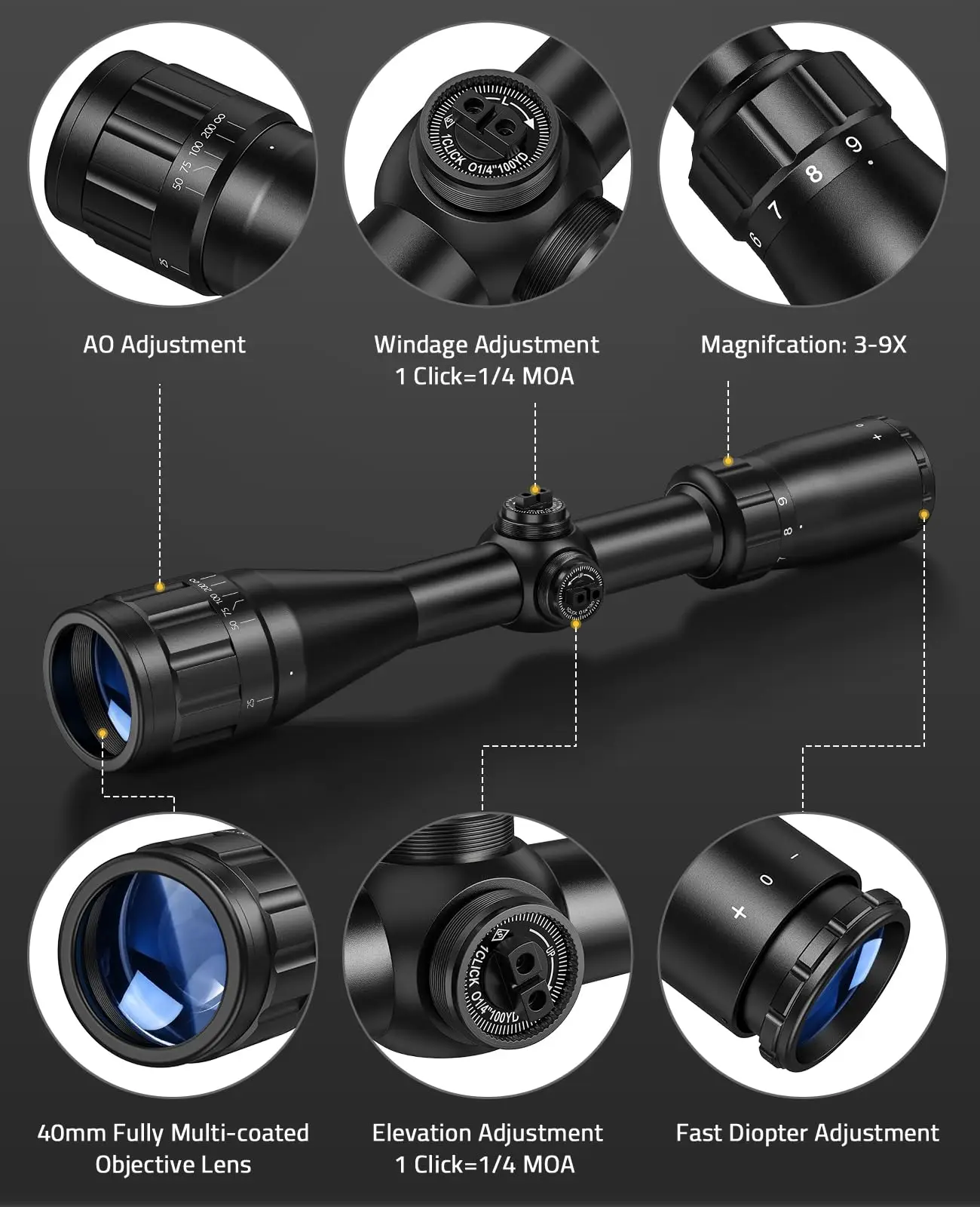 Rifle Scope 3-9x40 AO Optics R4 Reticle Crosshair Riflescope with Mounts For 11mm Dovetail Rail Adjustable Objective Lens
