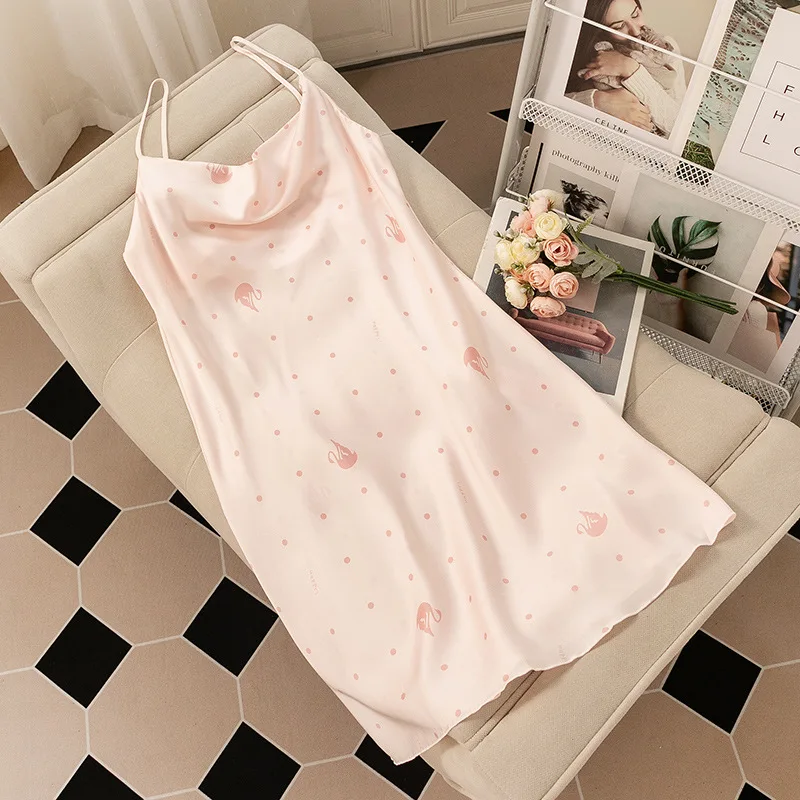 

Sweet Cute Pink Nightgown Summer Women Spaghetti Strap Nightdress Sleepwear Nightwear Loose Casual Silk Satin Homewear Lingerie