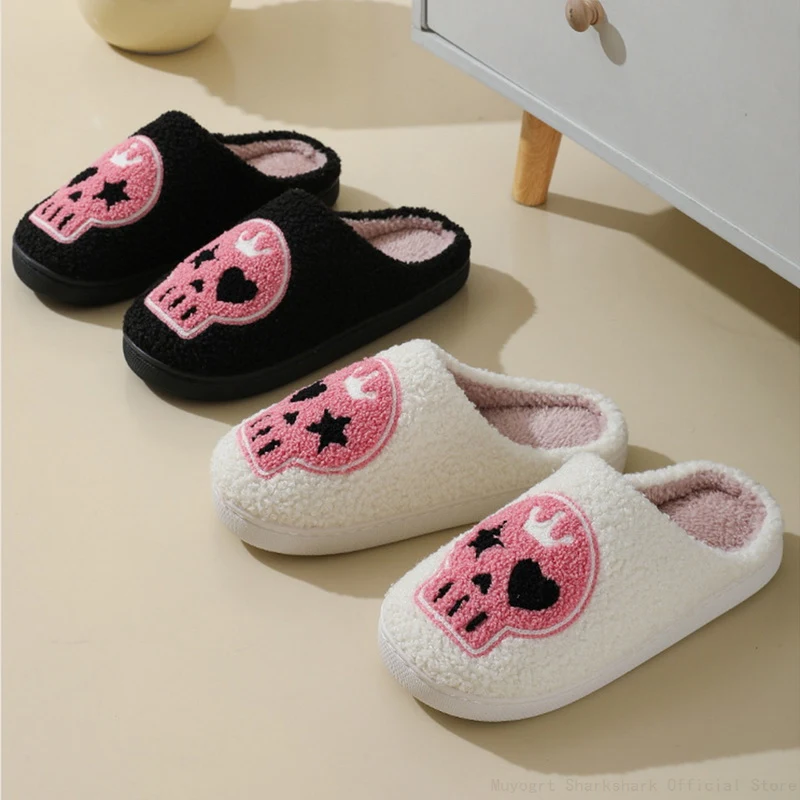Halloween Plush Slippers Y2k Skull  Black Home Shoes Thick-Soled Furry Cotton Slippers Cute Warm Non-Slip Indoor Slippers 2