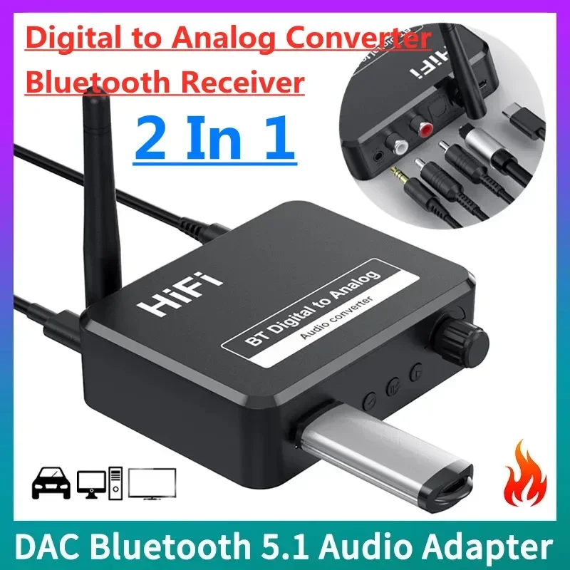

DAC Bluetooth 5.1 Audio L/R U-Disk Optical Stereo Hifi Receiver Digital to Analog Converter 3.5mm AUX RCA 2 in1 Wireless Adadper