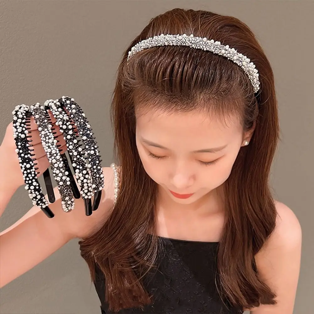 

Plastic Rhinestone Headband Retro Make Up Crystal Pearl Hairband Korean Style Hair Hoop Female