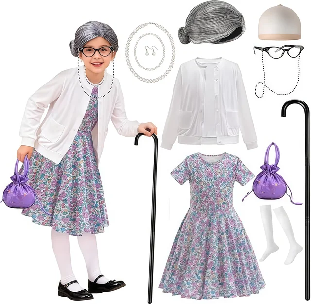 Ensemble de costumes de grand-mère pour filles de 3 à 12 ans, 100 jours d'école, Costume et accessoires de carnaval, tenue fantaisie 1