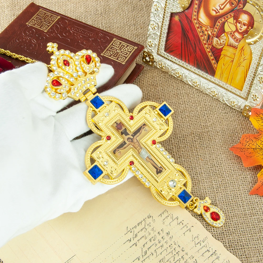 HTISOK Orthodoxer christlicher Kreuz-Anhänger, vergoldet mit Edelsteinen, Strasssteinen, orthodoxes Geschenk für Pastor, Ostern, Hochzeit, Kirche – Detail 9