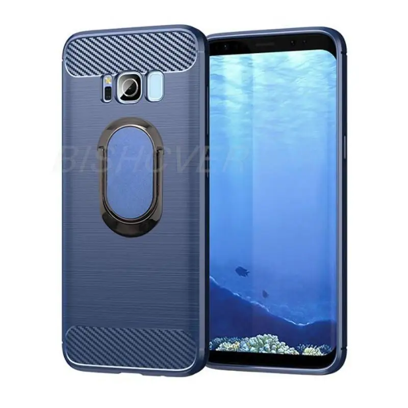 삼성 GalaxyS8 S8 Plus SM G950F G955F SM-G950 링 홀더 스탠드 보호 커버 용 부드러운 실리콘 탄소 섬유 브러시 케이스