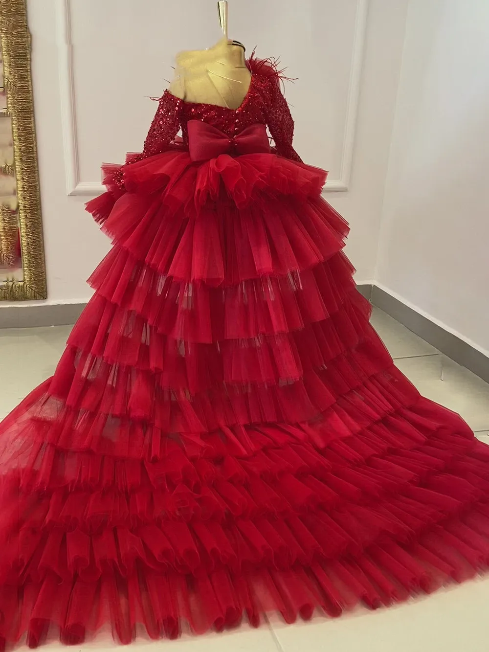 Pink Flower Girl Dresses Weddings Party Birthday Princess Feather Tulle Pageant Dress Formal Prom Gowns Long Train flower girl dresses