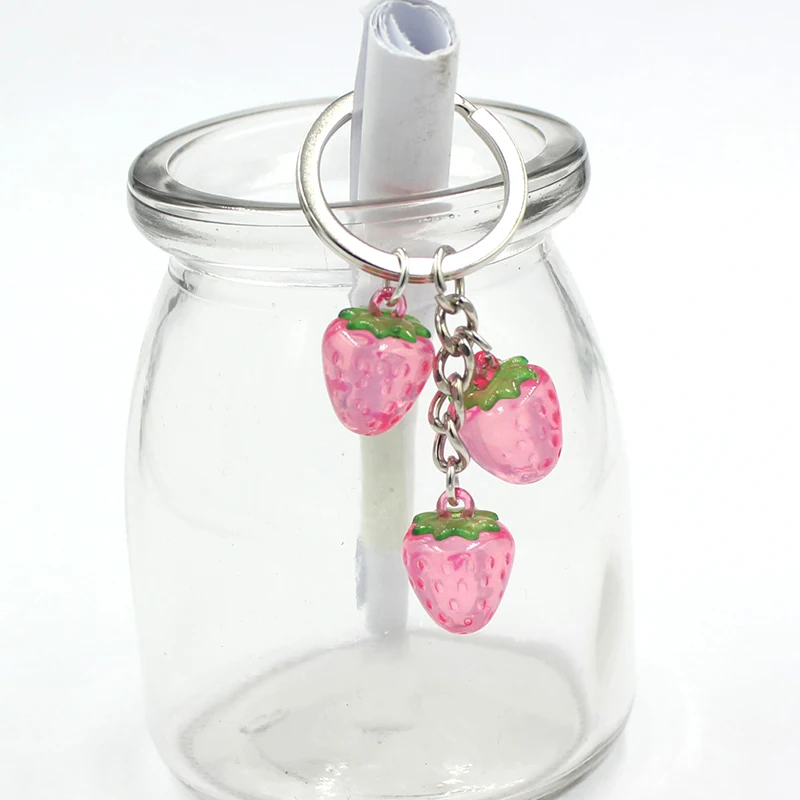 New Cute Fruit Keychain 3D Acrylic Cherry Peach Apple Strawberry Keyring Car Holder Bag Pendant Accessories Jewellery Gift Girl