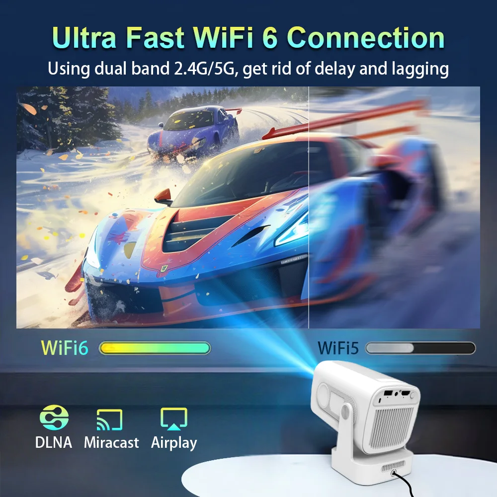 HY260 자동 초점 프로젝터 안드로이드11 WiFi6 듀얼 밴드 자동 키스톤 보정 대형 화면 가정용/야외용 휴대용 빔프로젝터