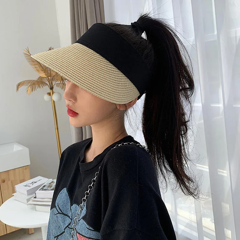 

Women'S Sunshade Straw Hat Summer Breathable Empty Top Sun Hats UV Protection Outdoor Tennis Golf Sunscreen Visor Caps Headwear