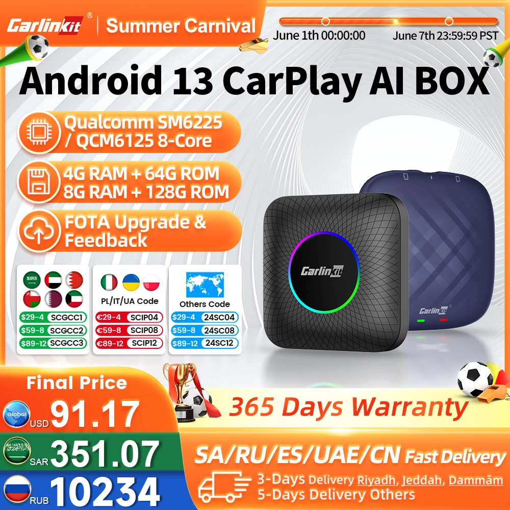 2024 CarlinKit CarPlay AI Box Android 13 SM6225 QCM6125 8-Core Android Auto Wireless CarPlay Adattatore WiFi 4GLTE Connect GPS 64G 128G FOTA Aggiornamento per auto CarPlay cablate