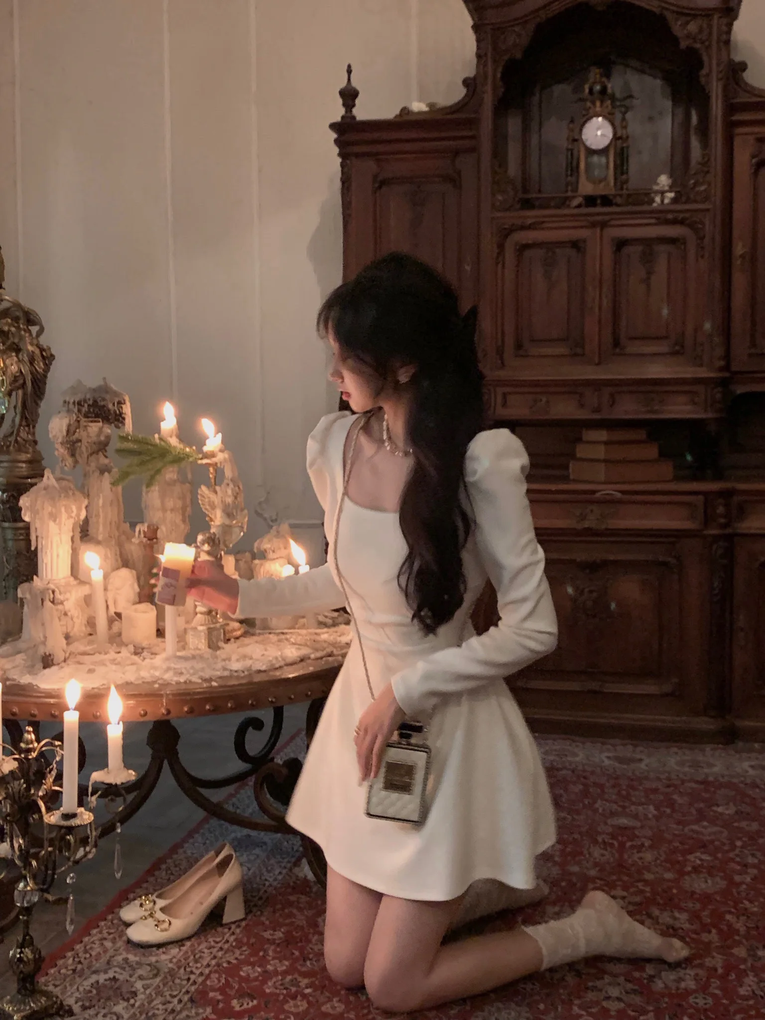 Spring New Elegant Square Collar Midi Party Dresses for Women Long Sleeve Black White Slim Vestidos Female High Waist Clothes