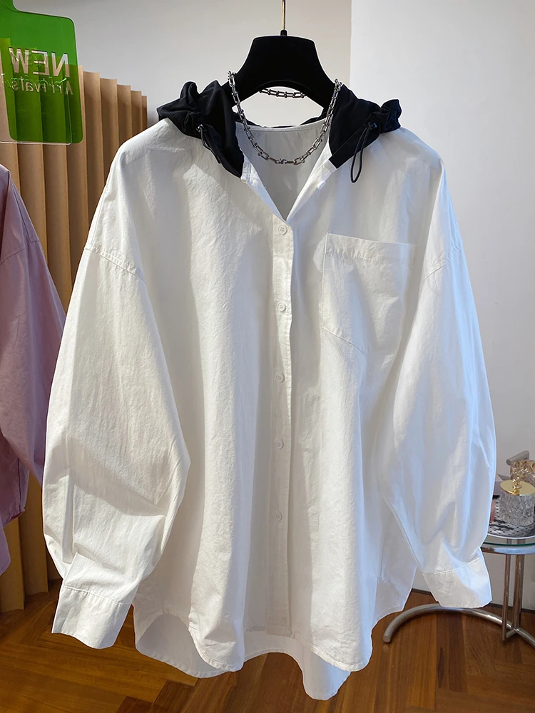 

SuperAen 2024 Весенняя Новая высококачественная Лоскутная розовая рубашка с капюшоном женская Свободная рубашка большого размера с длинным рукавом