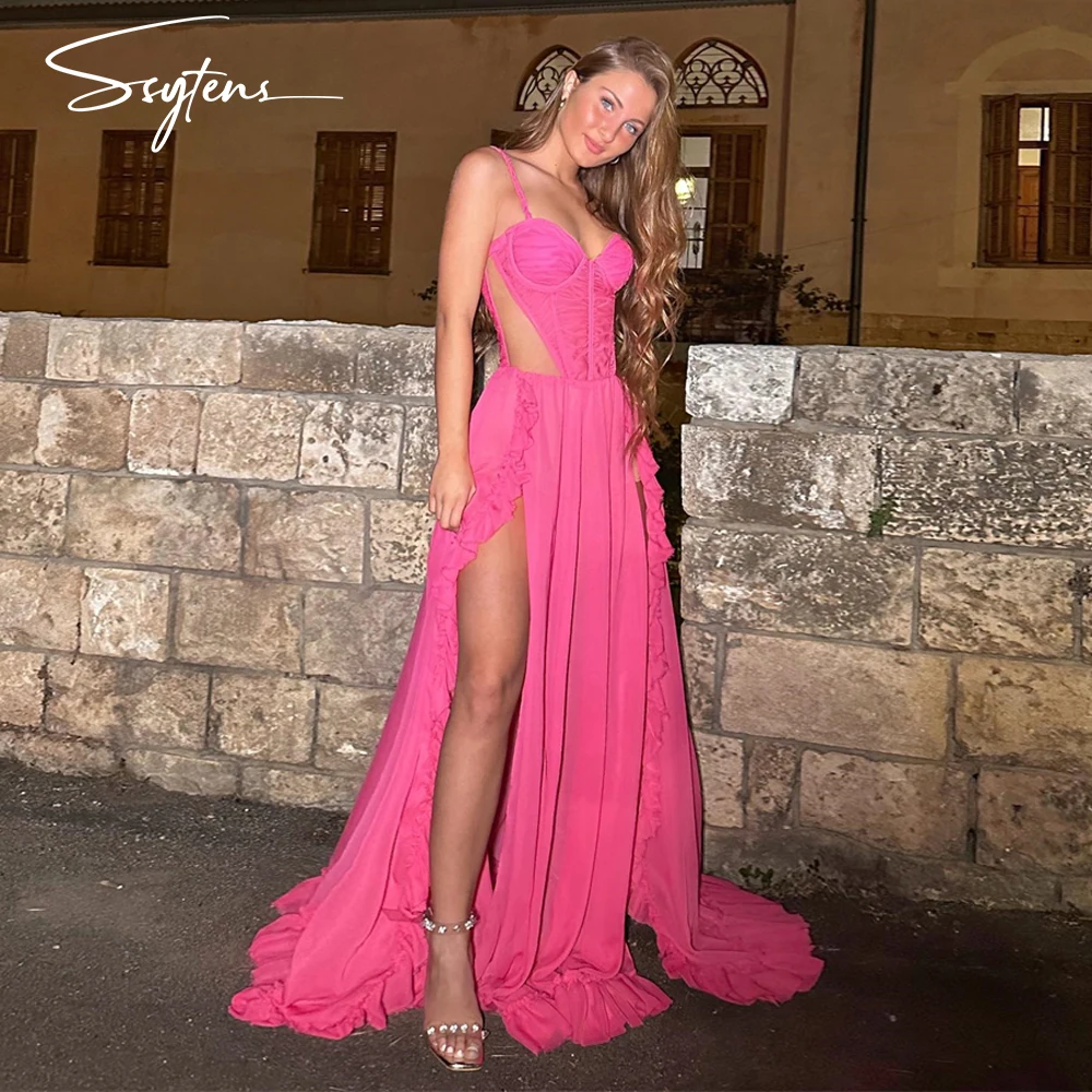 

Sexy High Side Slit Evening Dress Pink Beach A Line Spaghetti Straps Dubai Party Night Dresses Sleeveless Robe De Soirée Israel