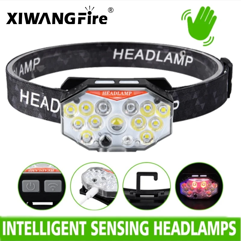 13LED Wave Sensing Headlamp Head Lamp With Built-in Battery Flashlight 7 Lighting Modes USB Rechargeable Night Running Headlight