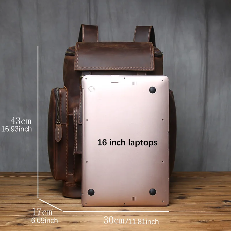 NZPJ Men's Retro Large Capacity Leather Backpack Genuine First Layer Natural Cowhide Travel Laptop Bag