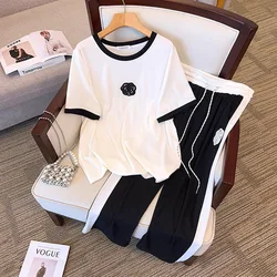 Plus Size 155Kg  Women's Bust 170 Summer Loose Short Sleeve T-shirt Cropped Pants Suit Fashion Casual Set 5XL 6XL 7XL 8XL 9XL