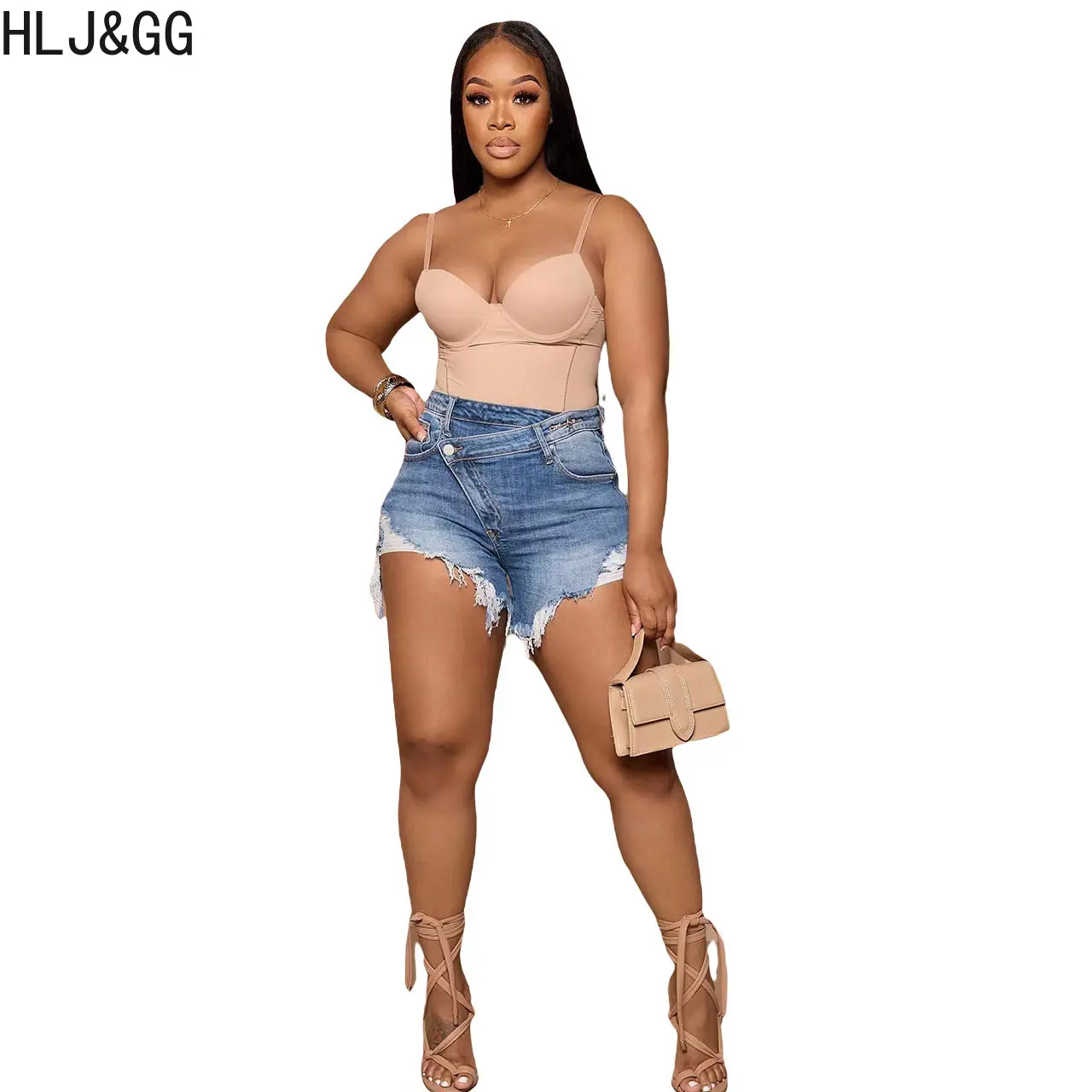 HLJ&GG Summer New Button Tassel Denim Shorts Women High Waisted Elasticity Bottoms Blue Female Solid Color Matching Clothes 2023