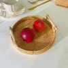 Round Handwoven Rattan Tray with Wooden Handle Handmade Rattan Food Plate Natural Simplicity Wear-resistant for Cake Snack Drink 1