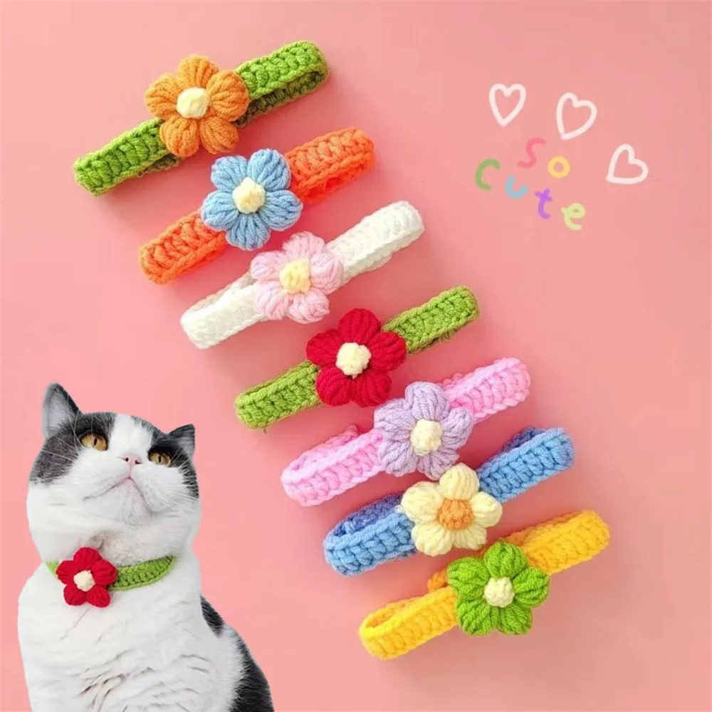 Title 1, Kawaii Crochet Dog Cat Collar Adjustable Wool N...