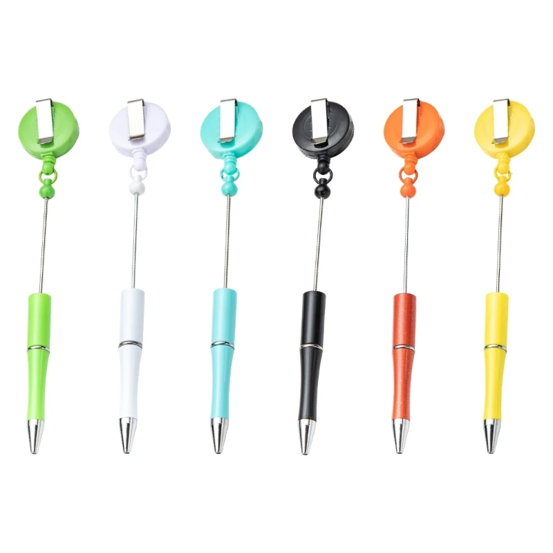 6Pcs Beadable Ballpoint Pen with Retractable Badge Holder Beaded Pen with Badge Reel Belt Clip for Teacher Nurse Doctor