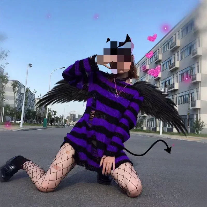 New Goth Punk Gothic Sweater Oversized Pullovers Women Striped Cool Hollow Out Hole Broken Jumper Harajuku Aesthetics Sweater 5