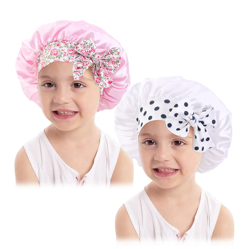 

2pcs Children Set Satin Nightcap Baby Satin Round Hat Hair Care Bonnet Solid Color Shower Cap Girls Boys Silky Satin Bonnet Caps