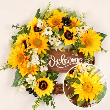Spring Artificial Sunflower Wreath For Front Door Yellow Decorative Summer Floral Door Wreath Welcome Sign Wall Home Decoration 3