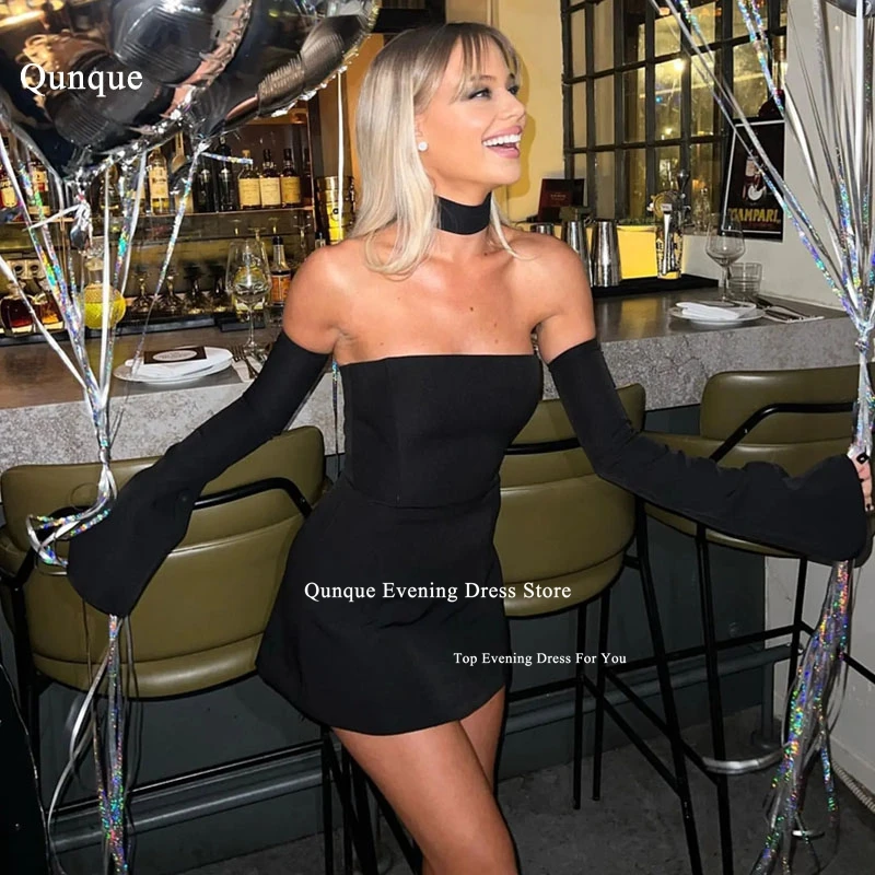 Black Short Graduation Dress Detachable Sleeves Prom Gown Corset Back for Women women prom dresses