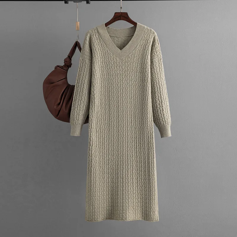 

new v-neck twist bottom sweater skirt Mid-length autumn and winter knit dress womens 2023 black