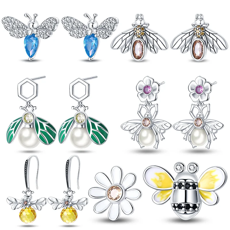

100% 925 Sterling Silver Original Hot Sale Charm Bee Series Earrings For Women Pave CZ Fine Anniversary Engagement Jewelry Gift