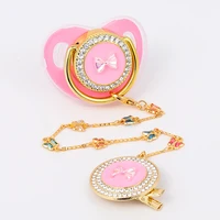 Luxury Baby Pacifi Cute Bow With Handmade Chain Clip Newborn Silicone Pacifier Gold Bling Infant Nipple BPA Free Baby Chupetero 1