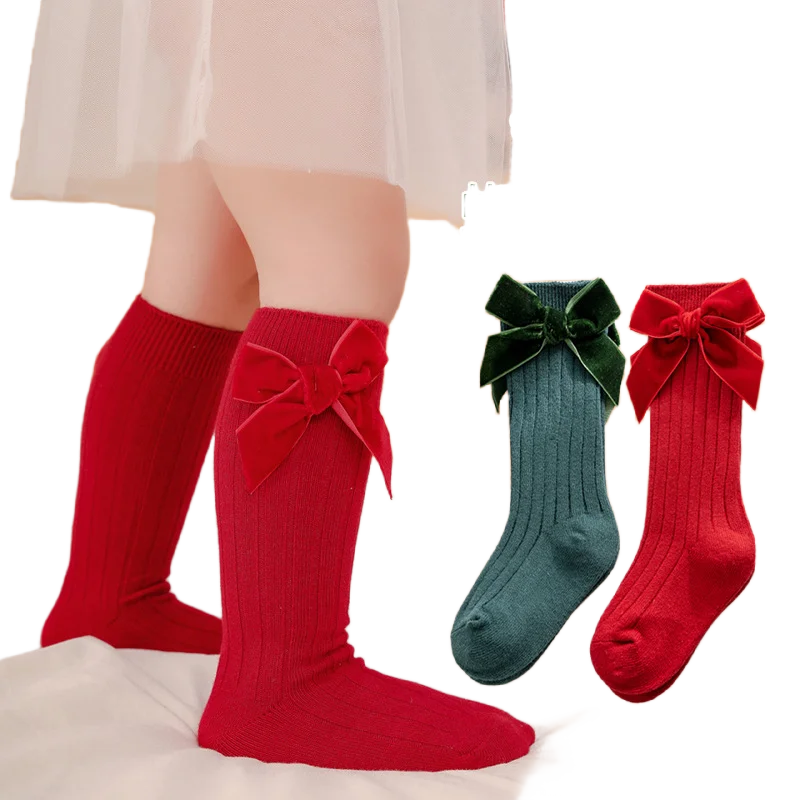 

Fall Winter Baby Girls 0-3 Years Knee Socks with Velvet Side Bow Ribbed Cotton Knee High Bow Socks Toddler Newborn Tube Socks