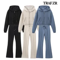 TRAF ZR 2024 Autumn Two Piece Outfits Women Pant Sets Interlock Cropped Sweatshirt Sets Front Pronounced Seam Flare Pants 1