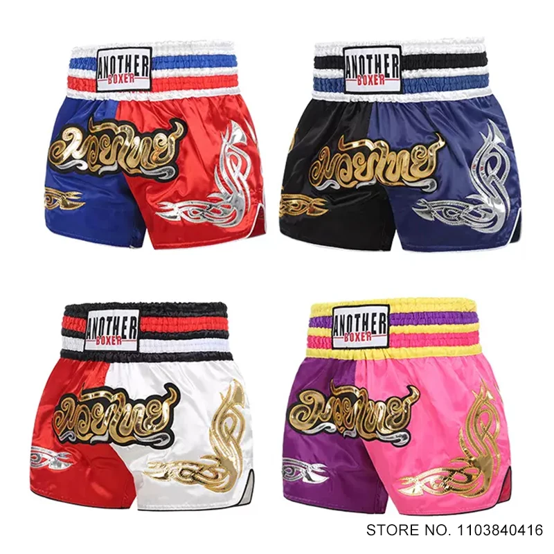 무에타이 반바지 여성 남성 어린이 복싱 반바지 자수 태국 무술 전투복 킥복싱 MMA 스포츠 반바지