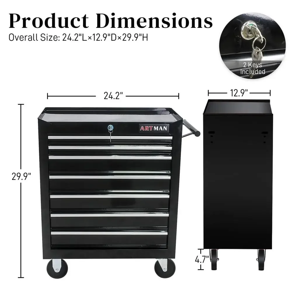 Steel 7-Drawer Rolling Tool Chest Box Wheels Garage Workshop Organizer Storage Black 24.5" Compact Durable Portable Heavy Duty 2