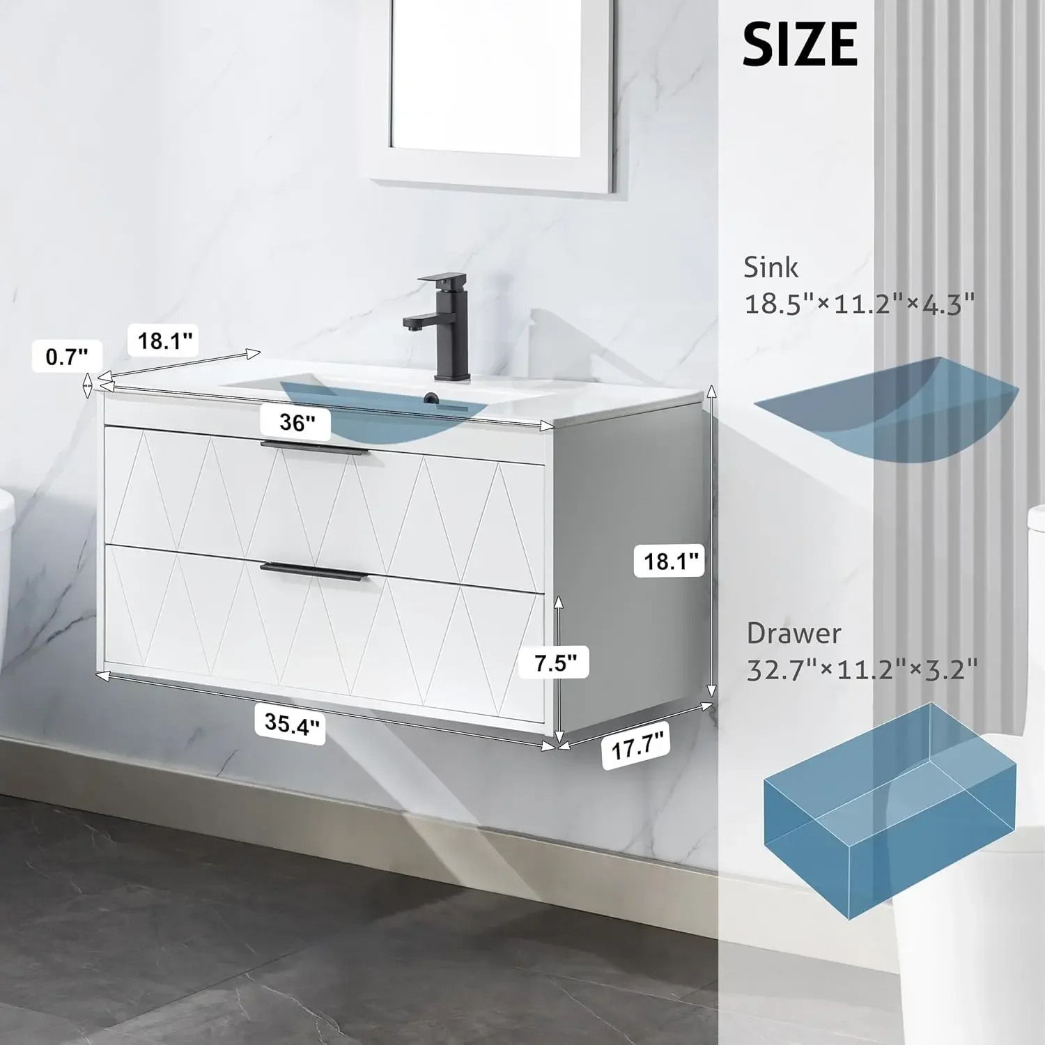 36" Bathroom Vanities Cabinet with Sink Combo, Wall Mounted Floating Cabinet W/Decor Line,Soft-Close System, 2 Extra Big Drawers 2