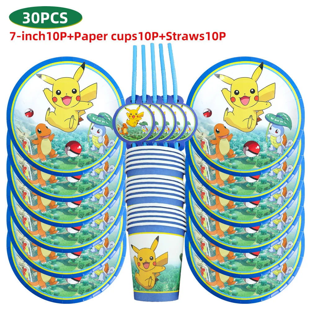 TAKARA TOMY Pikachu Pokemon Birthday Decoration Disposable Cutlery Cup Plate Napkin Tablecloth Bag Baby Shower Party Supplies
