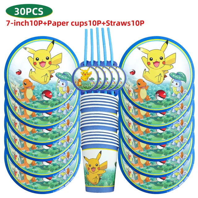 TAKARA TOMY Pikachu Pokemon Birthday Decoration Disposable Cutlery Cup Plate Napkin Tablecloth Bag Baby Shower Party Supplies 30PCS