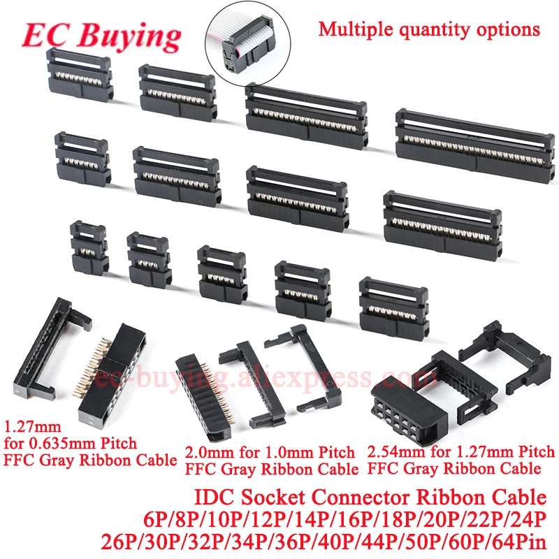 5–20 Stück 2,54 mm 2,00 mm 1,27 mm Rastermaß 8 10 12 16 20 24 30 34 40 50 Pin Buchse FC-Buchse IDC-Stecker graues Flachbandkabel 1,0 mm flach