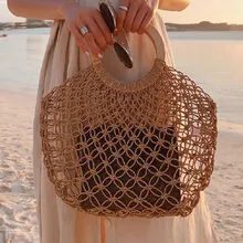 

Boho Hollow Straw Bag Women Designer Handbags Brands Mesh Woven Tote Fashion Wooden Handle Clutch Bali Beach Bags for Women 2022