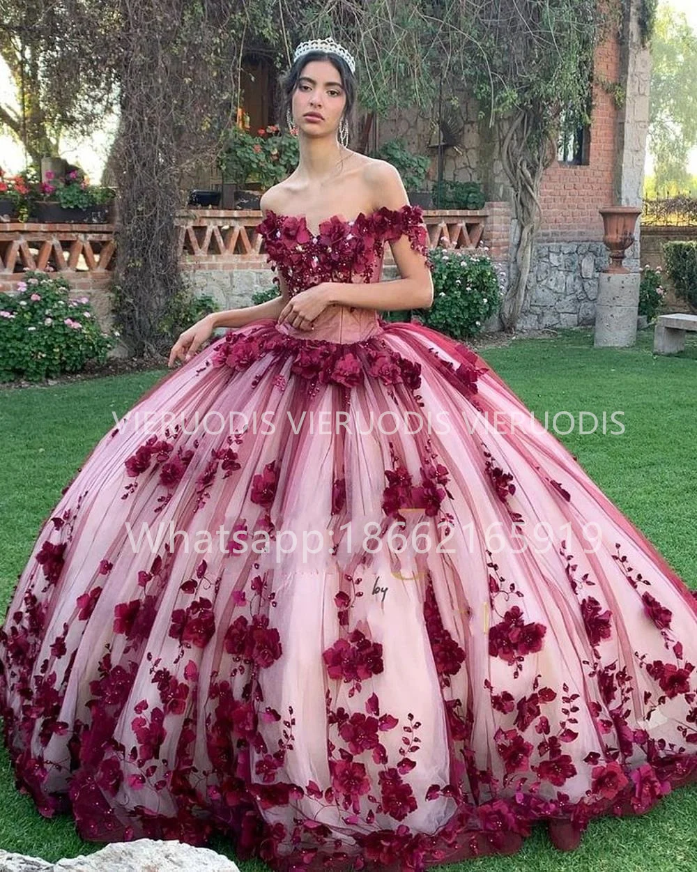 Dark Red Ball Gown Quinceanera Dresses Lace Applique 3D Flowers Beads Sweet 15 16 Dress Party Wear Xv A&ntilde;os