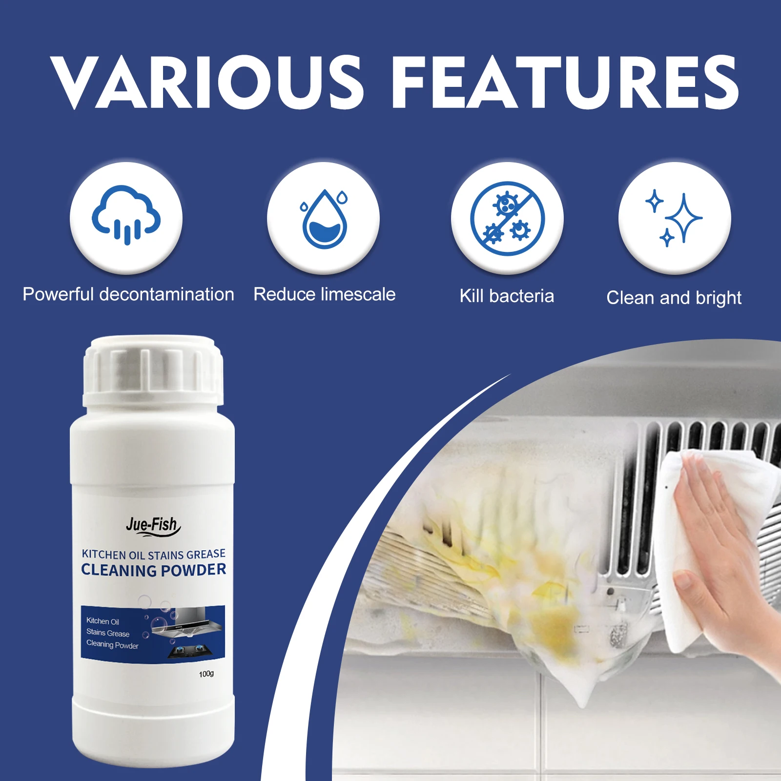 Jue-Fish Oil Cleaning Powder Kitchen Hood Stove Oil Rust Dirt Cleaning Powder Descaling Deodorization Disinfection
