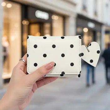 Portafoglio piccolo in pelle PU a pois con grazioso ciondolo a cuore e design compatto, perfetto per le uscite casual quotidiane e per lo shopping