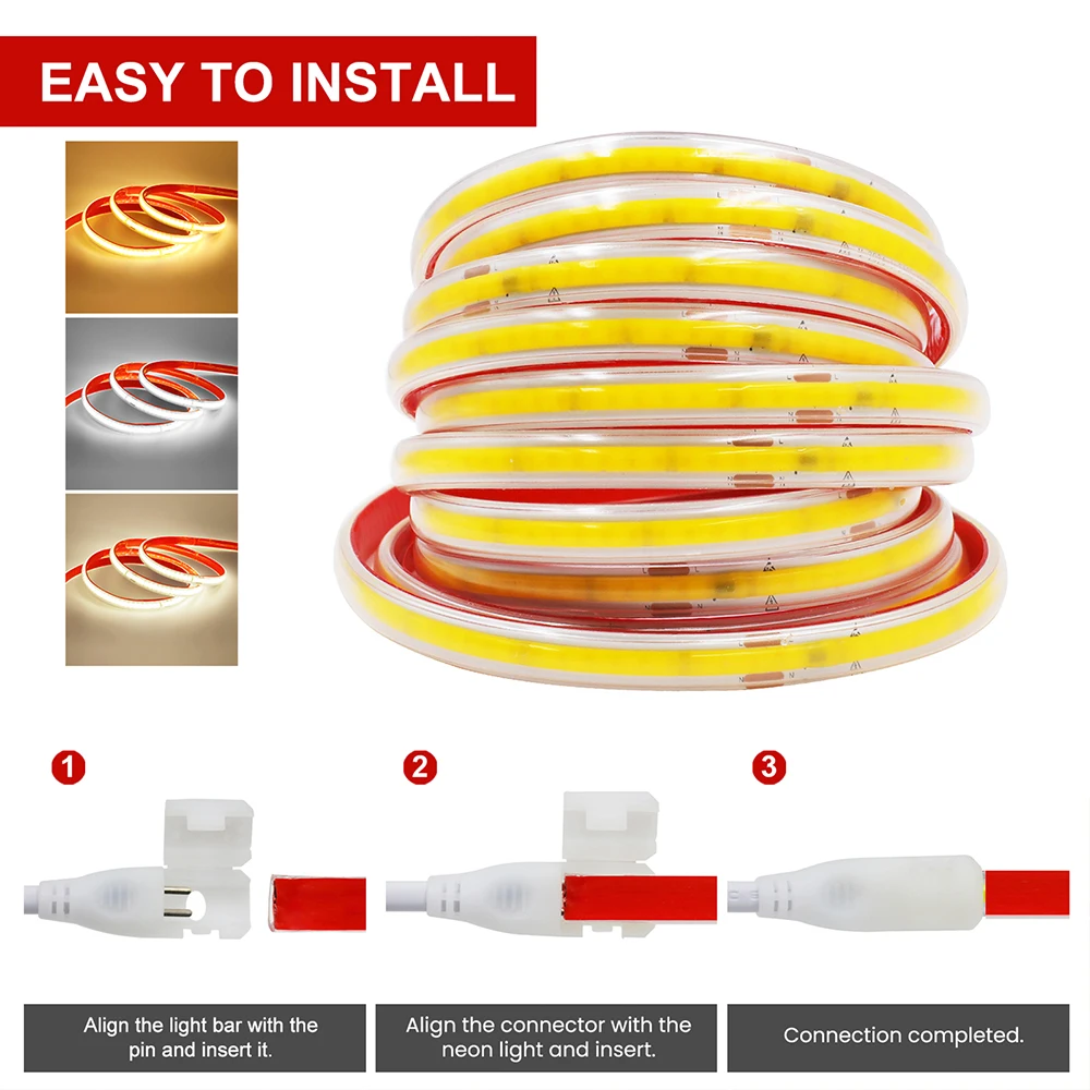 220V COB LED Strip Light with Switch EU Power Plug 2Pin Wire 240LED/M IP67 Waterproof Bright Flexible Adhesive Tape LED Lighting 2